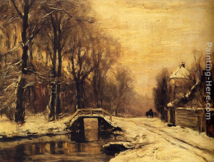 Louis Apol A Snowcovered Forest With A Bridge Across A Stream